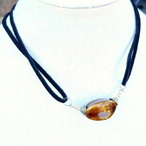 Boho Statement Beaded Necklace, Ceramic Faux Suede Cord, 17"